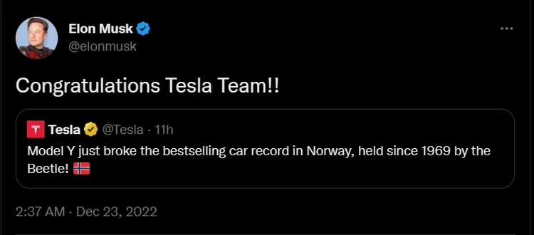 Model Y成挪威年度熱銷車，馬斯克推文同慶。Twitter/Elon Musk