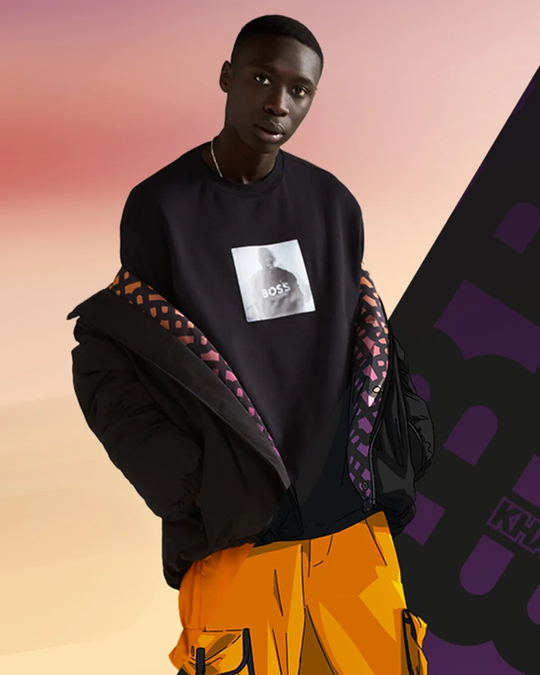 BOSS x Khaby限量聯名系列的設計主題之一是將他標誌性的攤手聳肩照片,以3D立體光柵印刷於舒適連帽衫和圓領T恤上。品牌提供
