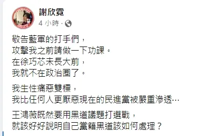 前綠委謝欣霓。引自謝欣霓臉書