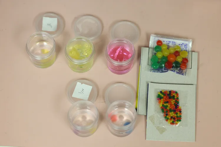 五顏六色的水晶寶寶可輕易在文具店或十元商店買到，泡水後即如瓶內內物般會膨脹。侯昌騰攝
