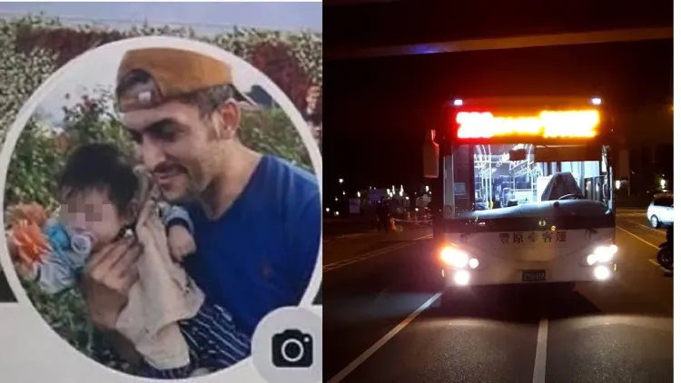 伊拉克籍爸爸痛失太太與稚子(取自臉書)，右圖為肇事公車。民眾提供