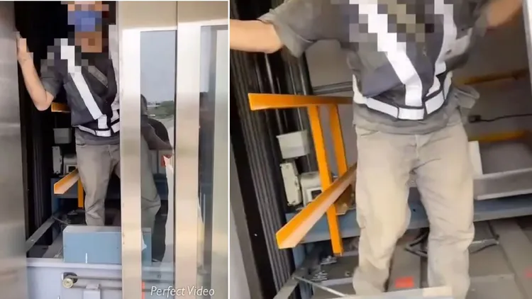 何男偽裝成電梯工人躲藏在台鐵車站機房。讀者提供