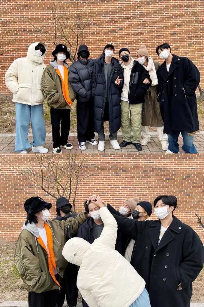 BTS今合體送JIN入伍，摸著他的平頭。翻攝BTS推特