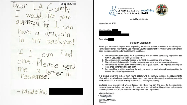 瑪德琳寫信要求飼養獨角獸，獲得正式回覆。翻攝自洛杉磯動物管理局臉書