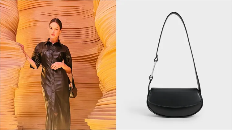 巴西超模亞歷珊卓安布索（左，翻攝alessandraambrosio IG）日前也為皮革洋裝，搭配了CHARLES & KEITH的黑色手袋；黑色弧線掀蓋肩背包（右，翻攝品牌官網），官網折扣後1390元。