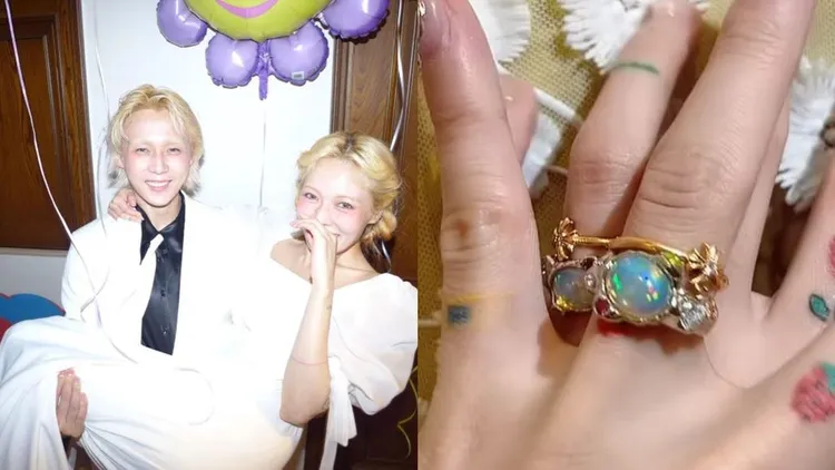 Dawn（左圖左）2月以特製的綠色蛋白石婚戒，向泫雅求婚成功。翻攝泫雅IG。翻攝泫雅IG