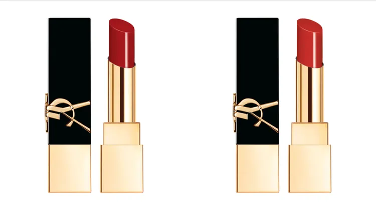 YSL奢華緞面釉感唇膏，#1971流言蜚語（左）與#08無邪紅橙（右），都是顯白推薦，各1550元。品牌提供