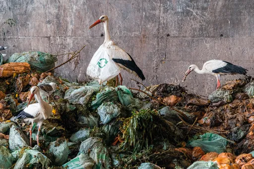 鸛鳥這回不送子！脖子遭塑膠袋纏繞、翻垃圾覓食　辛酸畫面曝光