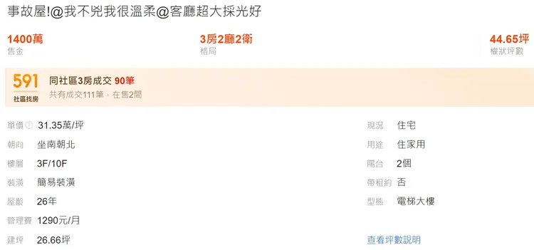 仲介顧及事故屋產品的第一印象，有些會使用帶有畫面感、容易使人聯想的詞彙描述，有些慣用煽情的文字鋪陳，示意圖。翻攝591房屋交易