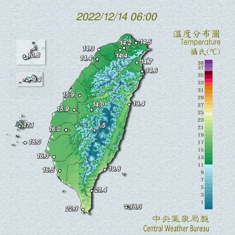 氣象新制用四捨五入，14°C達大陸冷氣團門檻。氣象局提供
