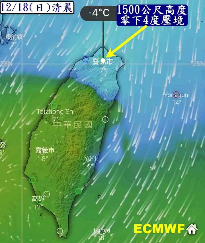 歐洲中期天氣預報中心預測，週日（18日）清晨1500公尺高度零下4°C將壓境。翻攝臉書觀氣象看天氣
