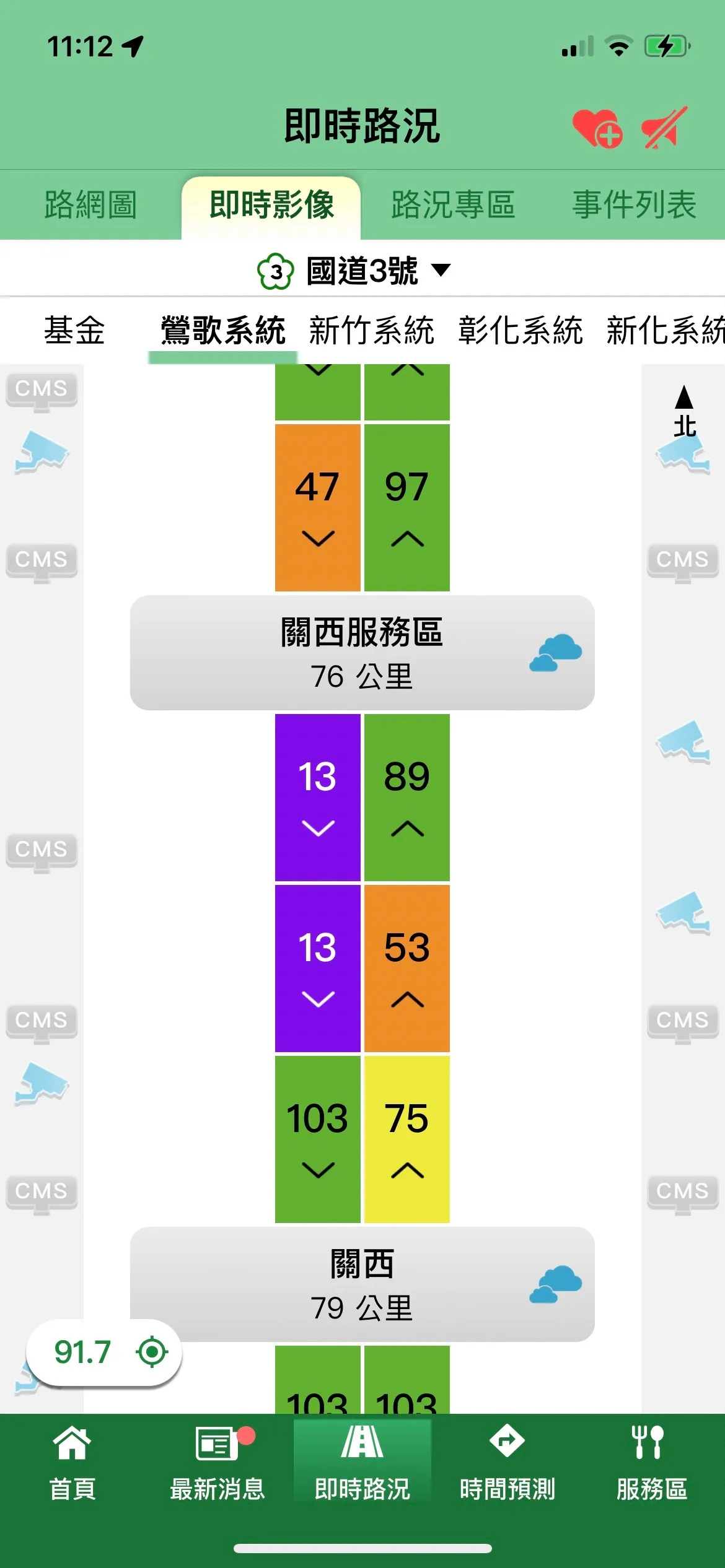 由於事故發生在內側車道,現場火煙瀰漫,也一度造成國道3號南下「紫爆」,車速僅剩15公里,宛若大型停車場。翻攝自高公局1968APP