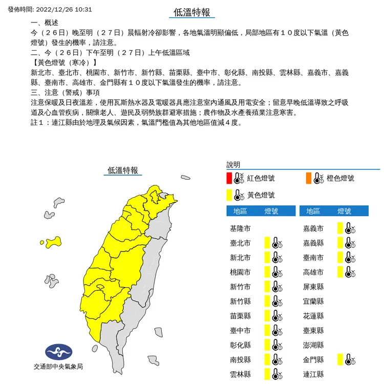 15縣市低溫特報。氣象局提供