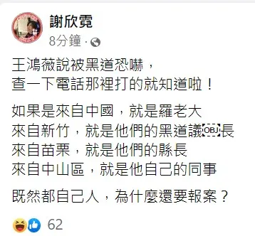 謝欣霓分析4可能：都自己人，為什麼還要報案？翻攝自謝欣霓臉書