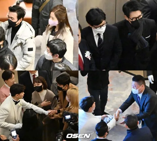 金國振與姜修智夫妻檔（上圖左）、劉在錫與池錫辰（上圖右）、姜鎬童（下圖右）都現身恭喜。翻攝OSEN