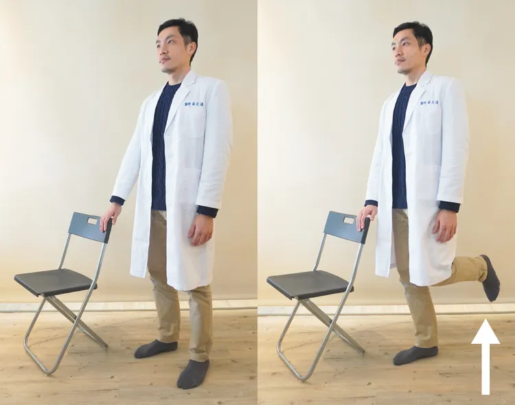 站姿屈膝運動，可訓練大腿後側膕繩肌。適康復健診所提供