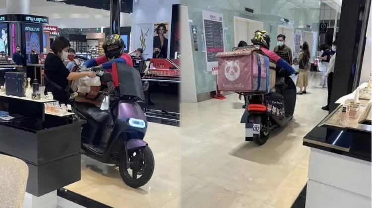 有外送員牽車進漢神巨蛋百貨內，直抵化妝品專櫃區。翻攝臉書外送員的奇聞怪事