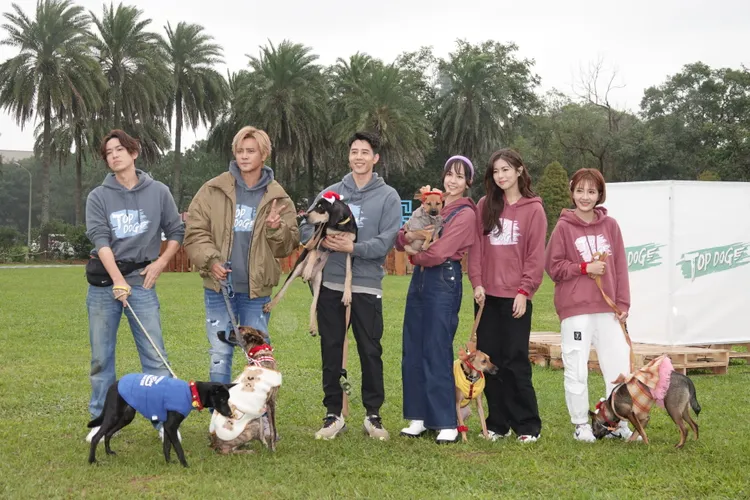 陳楚河（左起）、羅志祥（小豬）、胡宇威、魏蔓、任容萱、李宣榕在埔心牧場錄製真人寵物實境節目《TOP DOG回家》。陳德興攝