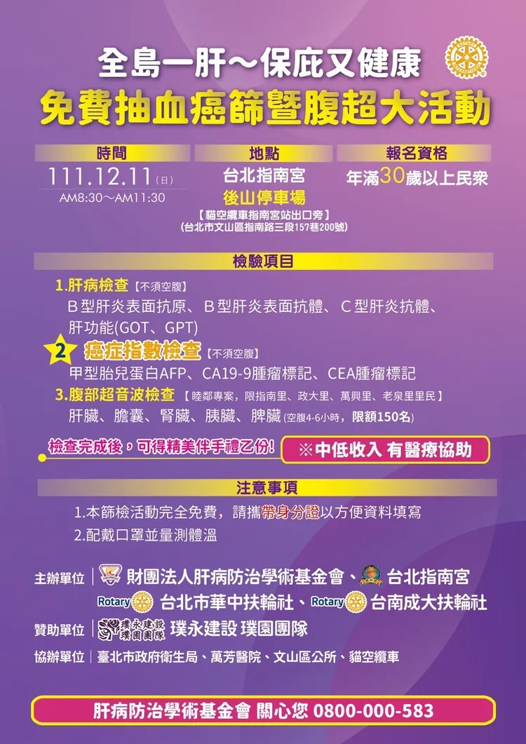 本周日於指南宮舉辦免費篩檢活動。肝基會提供