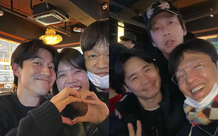 郭東延（左圖右起）、金麗珍、朴徹洙（右圖左起）、尹炳熙、趙漢哲在慶功宴合影。翻攝趙漢哲IG