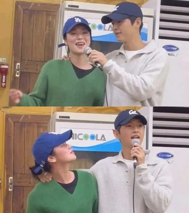 宋仲基（右）、全余贇在慶功宴上率領全場大喊劇中台詞，氣氛非常嗨。翻攝IG