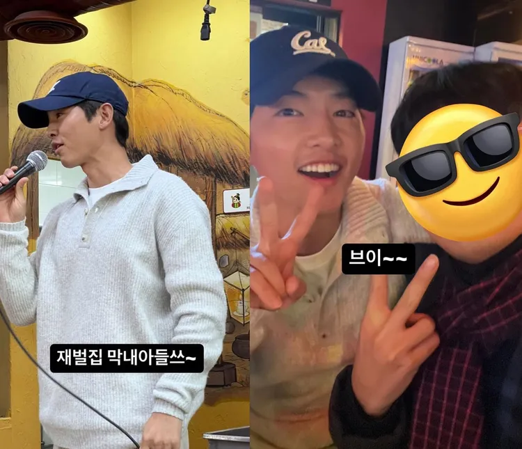 宋仲基現身《黑道律師文森佐》昨天的慶功宴，與工作人員合影，下方還寫著他正在拍的《財閥家的小兒子》劇名。翻攝IG