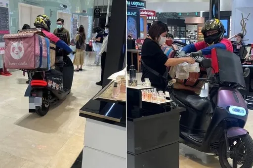 帥爆!美食外送機車衝到百貨專櫃前「一吐怨氣」 同業:櫃姐慘了