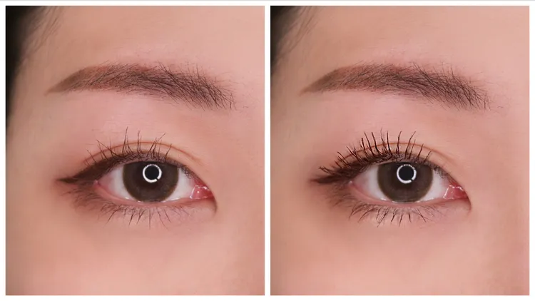飛天翹防水睫毛膏刷上一層（左圖）與兩層（右圖），可帶來不同妝效。品牌提供
