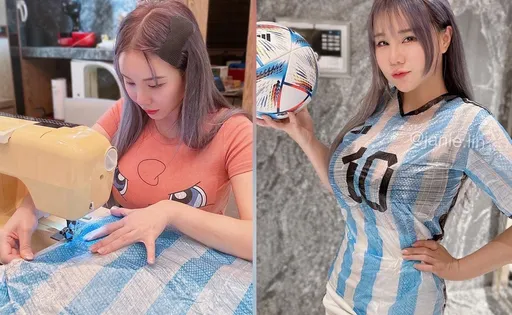 「泥泥學姐」自製阿根廷球衣 胸前藍白條紋全變形!網激動:還防水