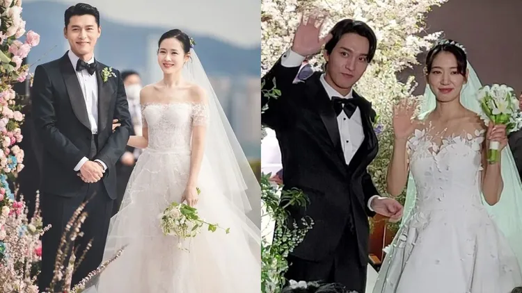 孫藝真（左圖右）今年嫁給玄彬，婚後8個月產子，朴信惠（右圖右）與崔泰俊補辦完婚禮也生下虎寶寶。翻攝MSteam娛樂、naver