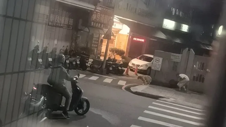 許男蹲下撿鐵棒，黃金獵犬嚇到蜷曲。翻攝自臉書社團我是五股人