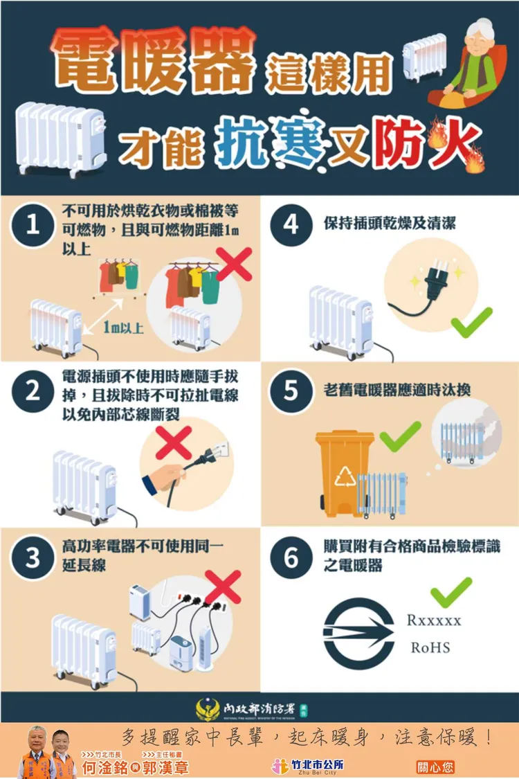 天氣冷許多民眾會使用電暖器保暖，但是要注意防火，謹記「3不3要」要訣。翻攝《樂活竹北城家族》粉絲頁
