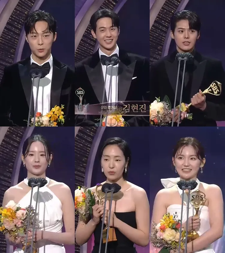 最佳男新人頒給《青春應援Cheer Up》的裴仁爀（上圖左起）及金賢鎮、《解讀惡之心的人們》厲雲，女新人由《青春應援Cheer Up》張圭悧（下圖左起）、《解讀惡之心的人們》孔聖河、《青春應援Cheer Up》
李恩泉獲得。翻攝SBS