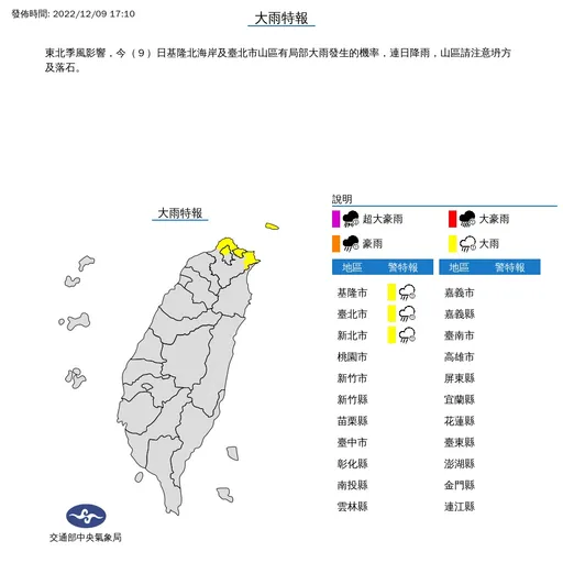 下班注意！北北基大雨特報　山區防坍方、落石