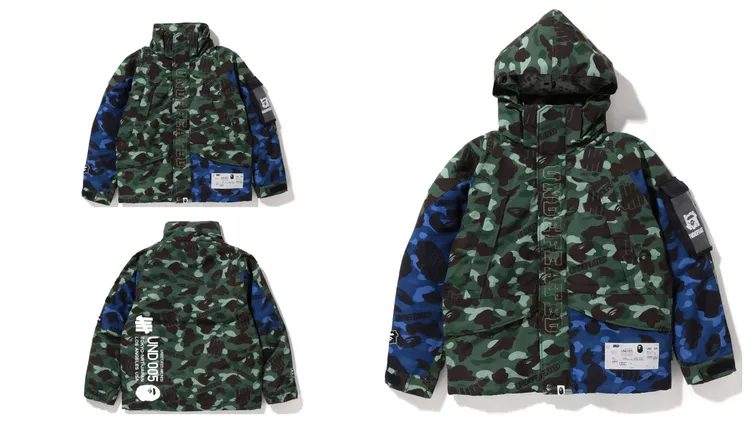 BAPE × UNDEFEATED聯名系列COLOR CAMO滑雪羽絨服，帽子可收納於衣領中（左圖），2萬1599元。品牌提供