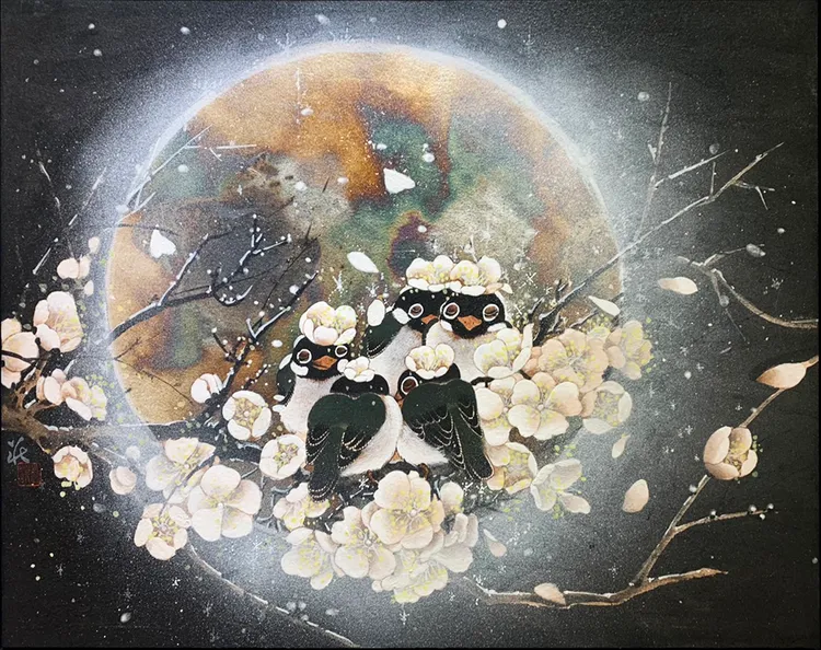 莊惠祺工筆畫創作師生聯展「心田」，111年12月14日至112年1月16日於萬板館展出。圖為莊惠祺作品《團團圓圓》。新北市府提供