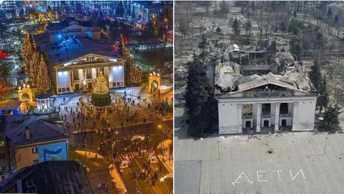 網友比較一年前的馬立波劇院(左)充滿佳節歡樂氣氛，被俄軍轟炸後(右)慘不忍睹。翻攝推特@returnstosender