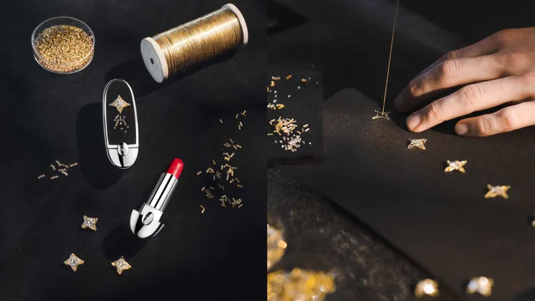 紅寶之吻高定精繡流金星燦套組，包含彩殼以及緞光唇膏#214，1萬230元。