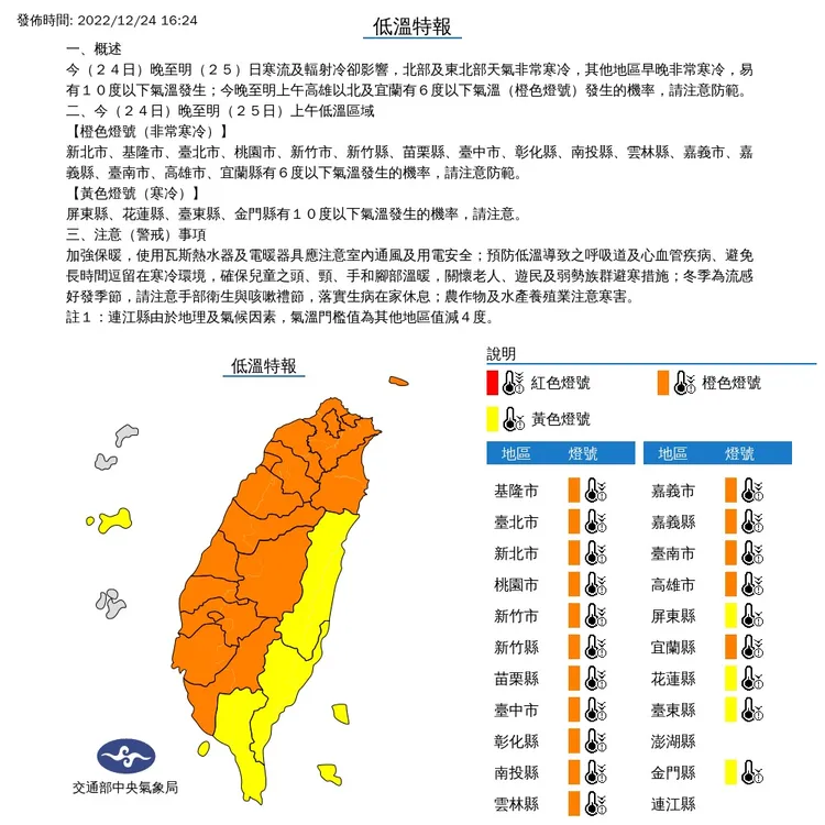 低溫特報。氣象局