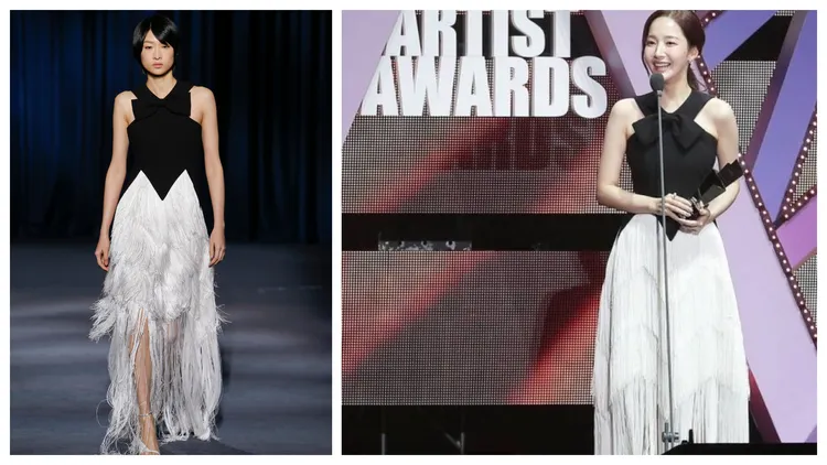 朴敏英（右圖，翻攝STARNEWS）以GIVENCHY 2018秋冬系列削肩剪裁黑白配色流蘇裙襬禮服（左圖，翻攝VOGUE Runway網站）亮相AAA盛典。