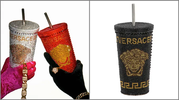 VERSACE Medusa水晶嵌飾隨行杯，各3萬5000元。品牌提供