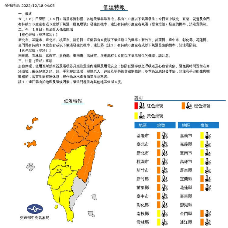 氣象局發布低溫特報。氣象局