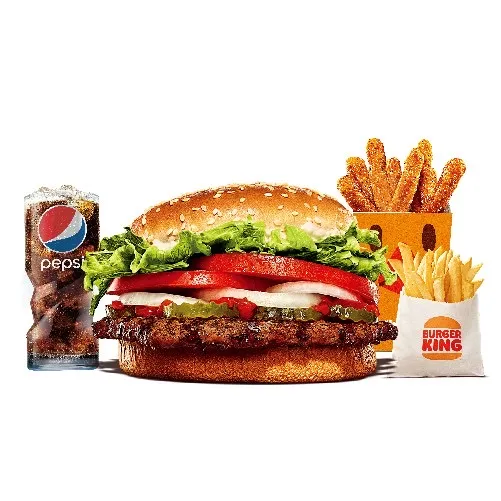 經典華堡搭配熱銷雞薯條、小份薯條、小杯百事可樂，一人獨享超滿足只要199元。業者提供