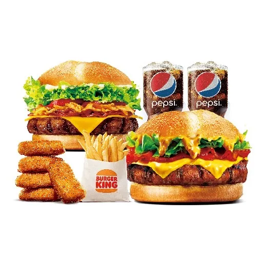 安格斯厚切+花生安格斯牛肉堡+小杯可樂x2+五塊雞塊+小薯條，優惠價299元。業者提供