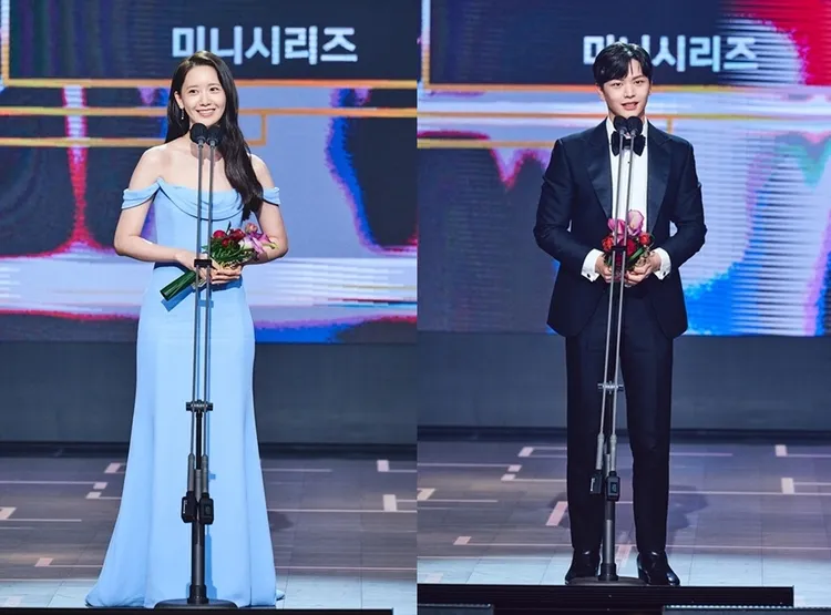 陸星材（右圖）、潤娥分別以《人生勝利組》、《黑話律師》拿下迷你劇最優秀男女演員獎。翻攝MBC