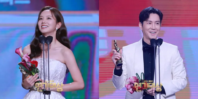 惠利（左圖）獲頒迷你劇優秀女演員，崔元英以《人生勝利組》的狠父拿到最佳角色獎。翻攝MBC