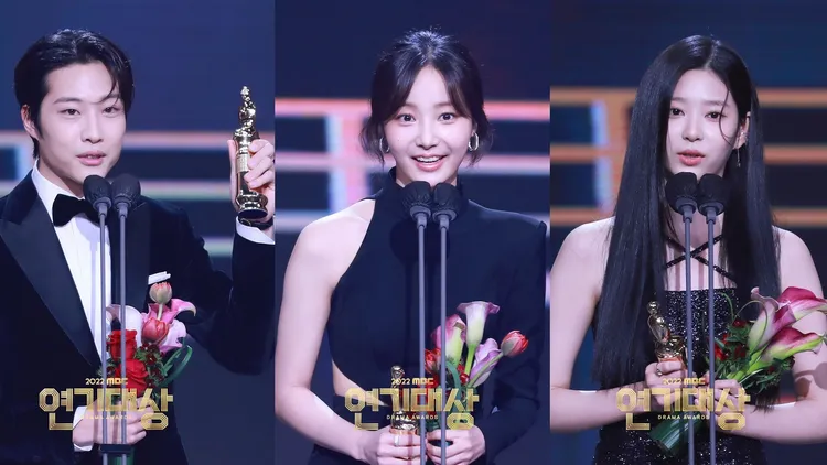 《人生勝利組》的李鍾元（左圖起）及妍雨、《禁婚令，朝鮮婚姻禁止令》金珉周得到最佳男女新人獎。翻攝MBC