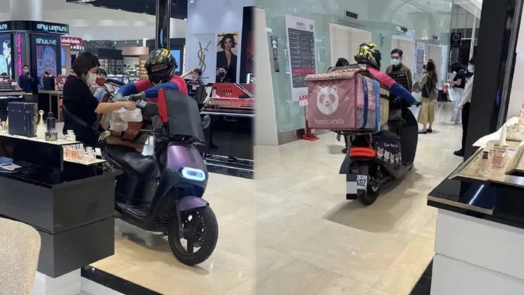 外送員牽車進漢神巨蛋百貨內，直抵化妝品專櫃區。翻攝自臉書外送員的奇聞怪事
