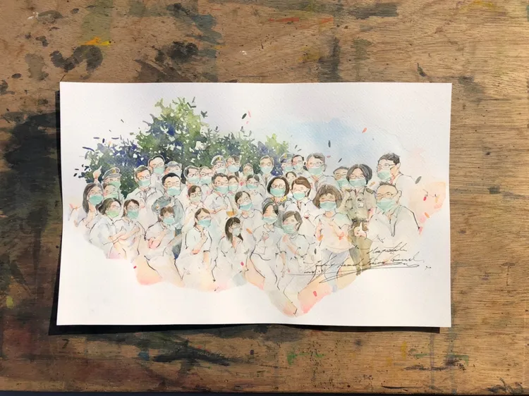 記錄疫情期間醫護人員戴口罩的畫作。國軍台中總醫院提供