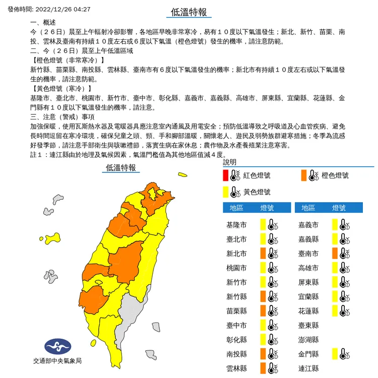 氣象局針對19縣市發布低溫特報。氣象局